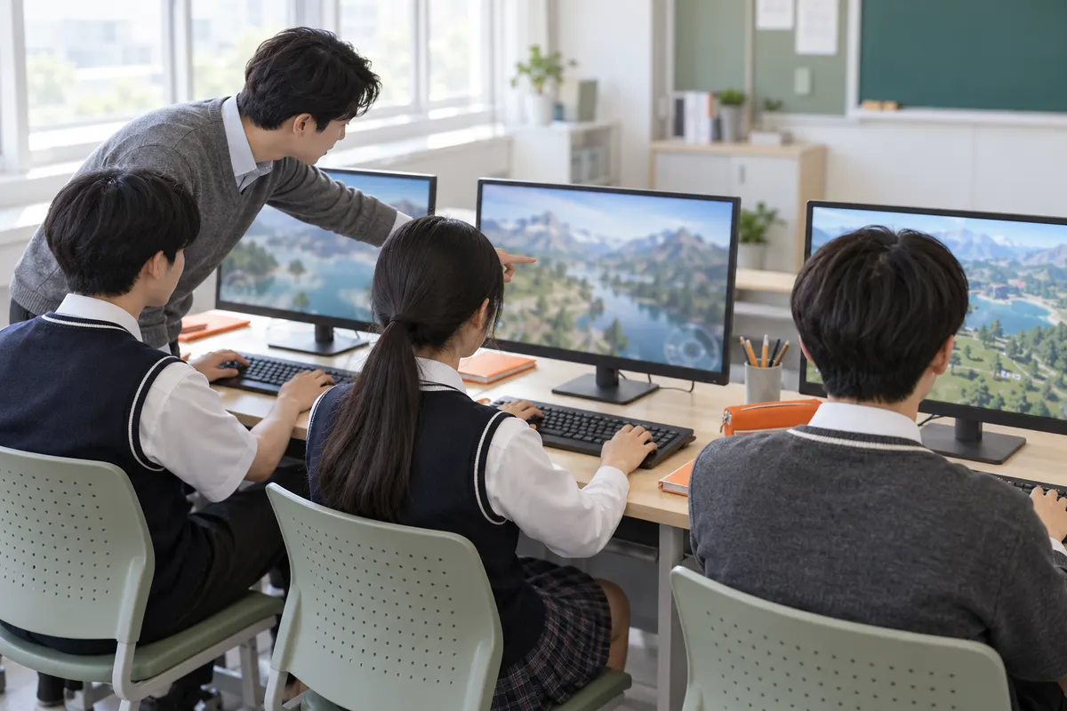 선생님과 학생들이 키보드를 사용하며 함께 실습하는 교실 장면