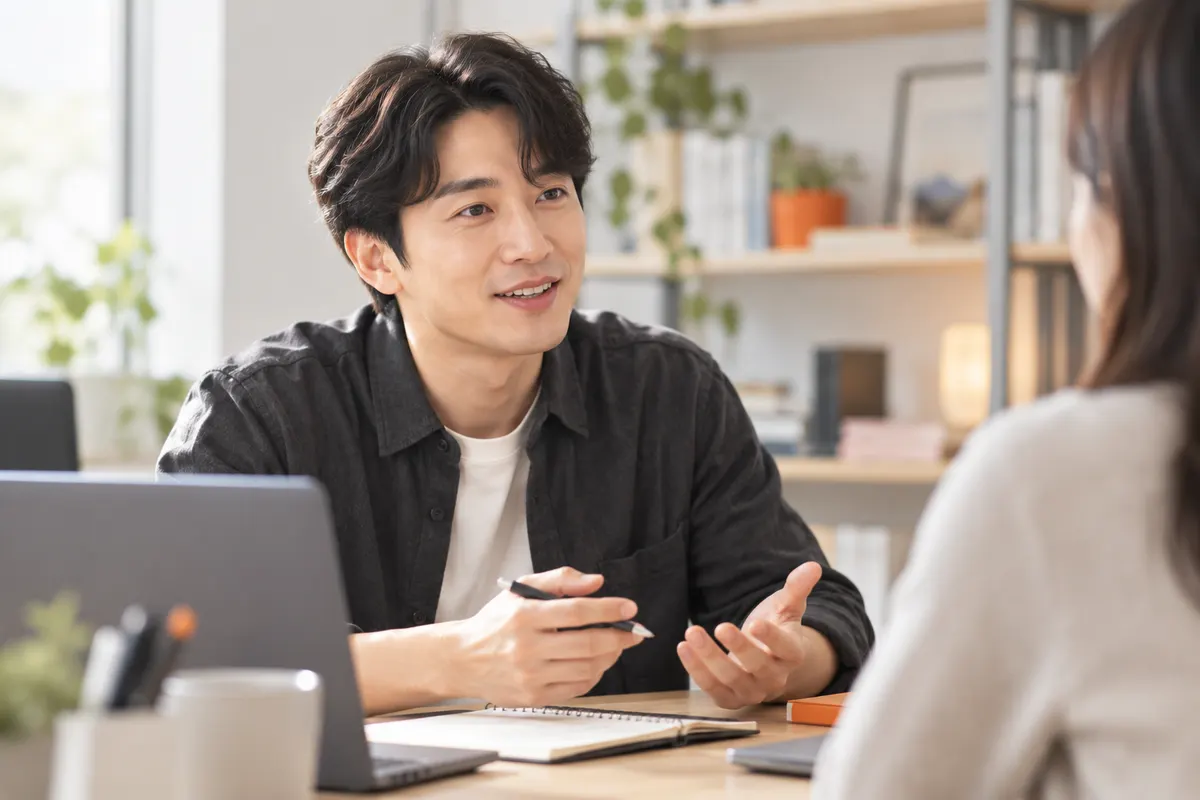 책상에서 사용자의 질문을 듣고 설명하는 상담 장면